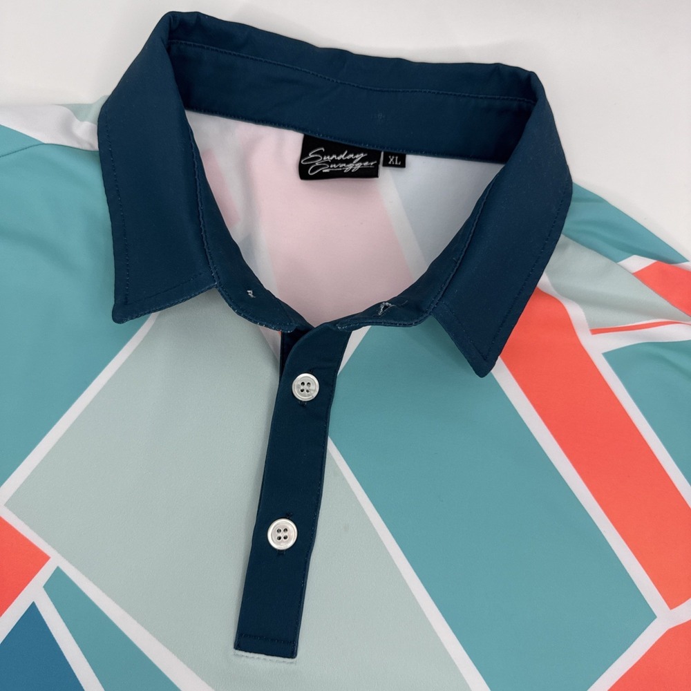 Sunday Swagger Polo Men XL Teal‎ Coral Geometric Golf Performance